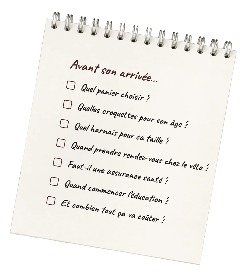 Carnet « Avant son arrivée… » : quel panier choisir, quelles croquettes, quel harnais, quand prendre rendez-vous chez le véto, faut-il une assurance, quand commencer l’éducation, combien tout ça va coûter.